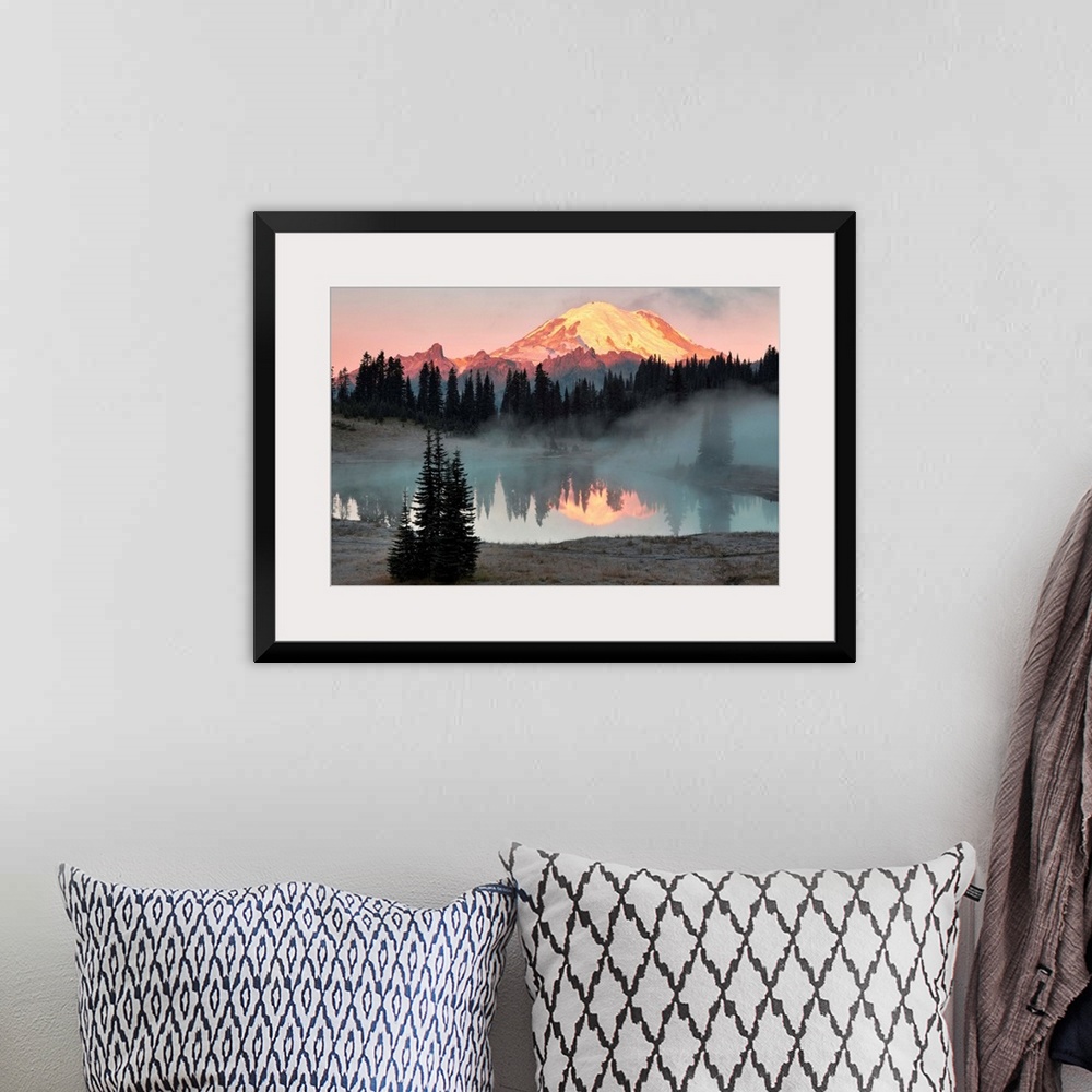 A bohemian room featuring Fine art photo of sunlight hitting the snow peak of Mount Rainier, Washington.