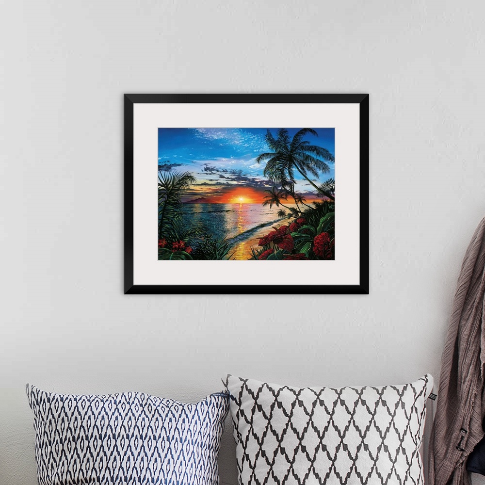 A bohemian room featuring This contemporary painting shows a sunset far off in the distance with palm trees and other wild ...