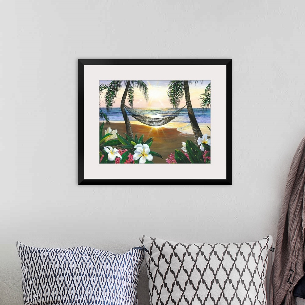 A bohemian room featuring This is a landscape painting of plumeria blossoms, a hammock hanging between two palm trees, and ...