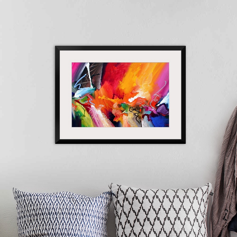 A bohemian room featuring Large abstract painting composed of sharp lines, vibrant colors and lots of movement.