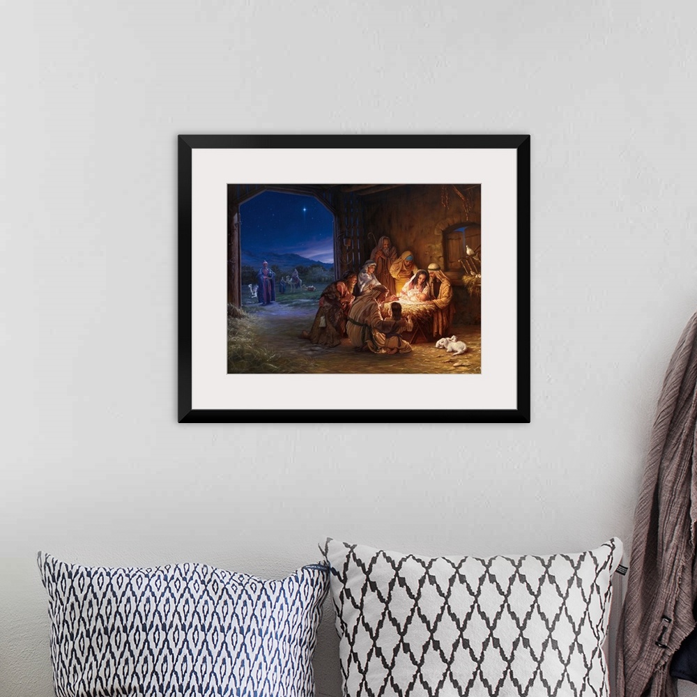 A bohemian room featuring Religious painting featuring the nativity scene as shepherds gather around the baby Jesus and the...