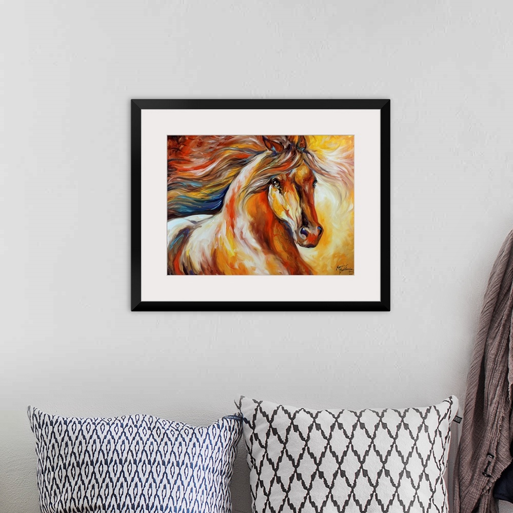 A bohemian room featuring Contemporary painting of a horse in action with a flowing mane.