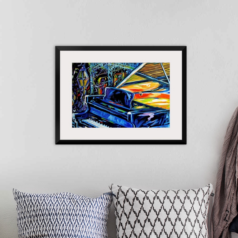 A bohemian room featuring This is a painting of a grand piano with the New Orleans jazz feeling of fun.