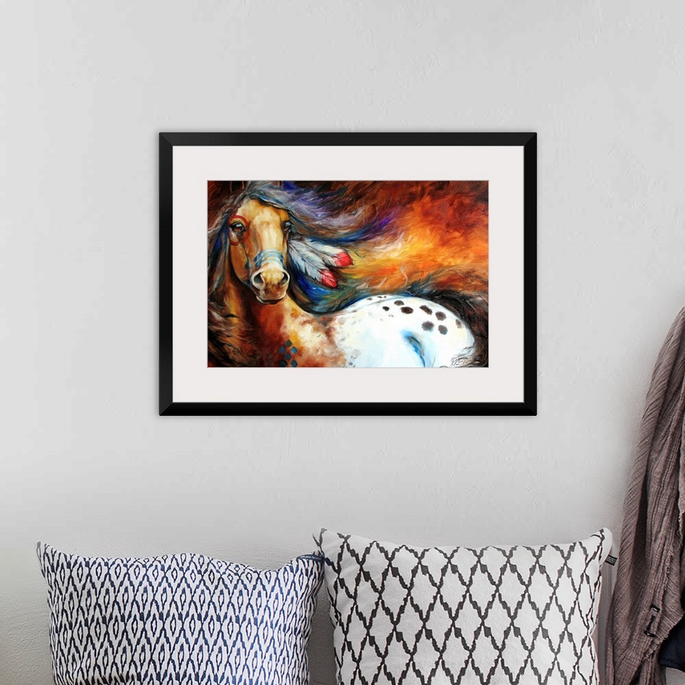 A bohemian room featuring Contemporary painting depicting the bold spirit of the equine appaloosa with feathers in its mane...
