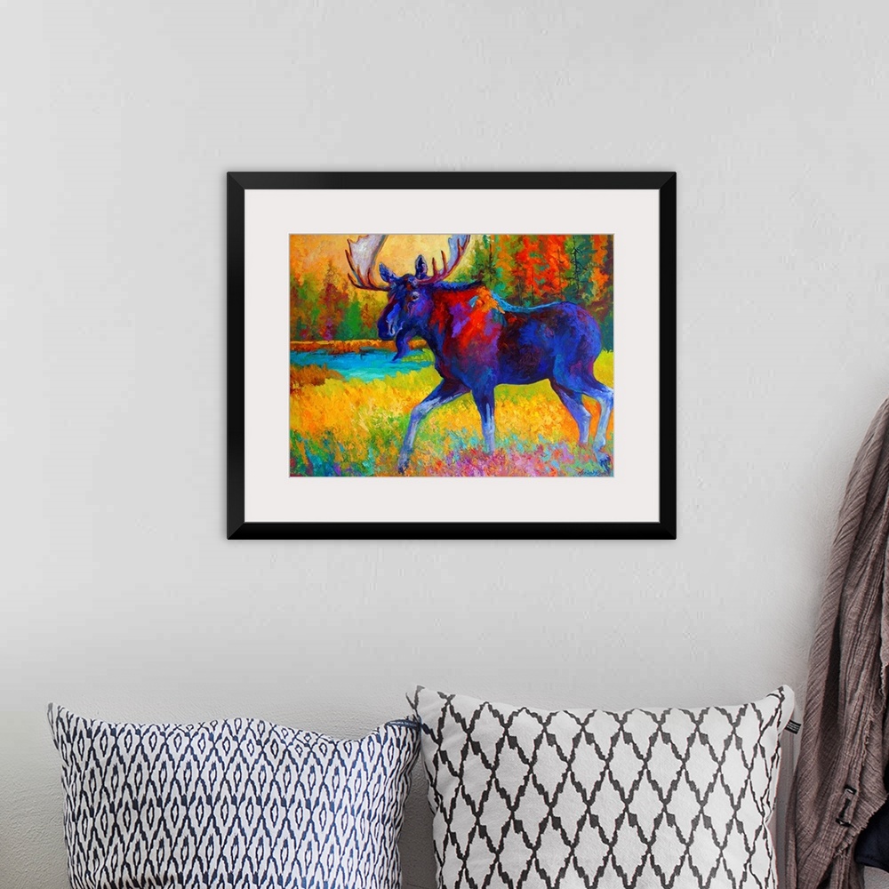 A bohemian room featuring A bull moose strolls through grass near a pond in a pine forest in this contemporary painting wit...