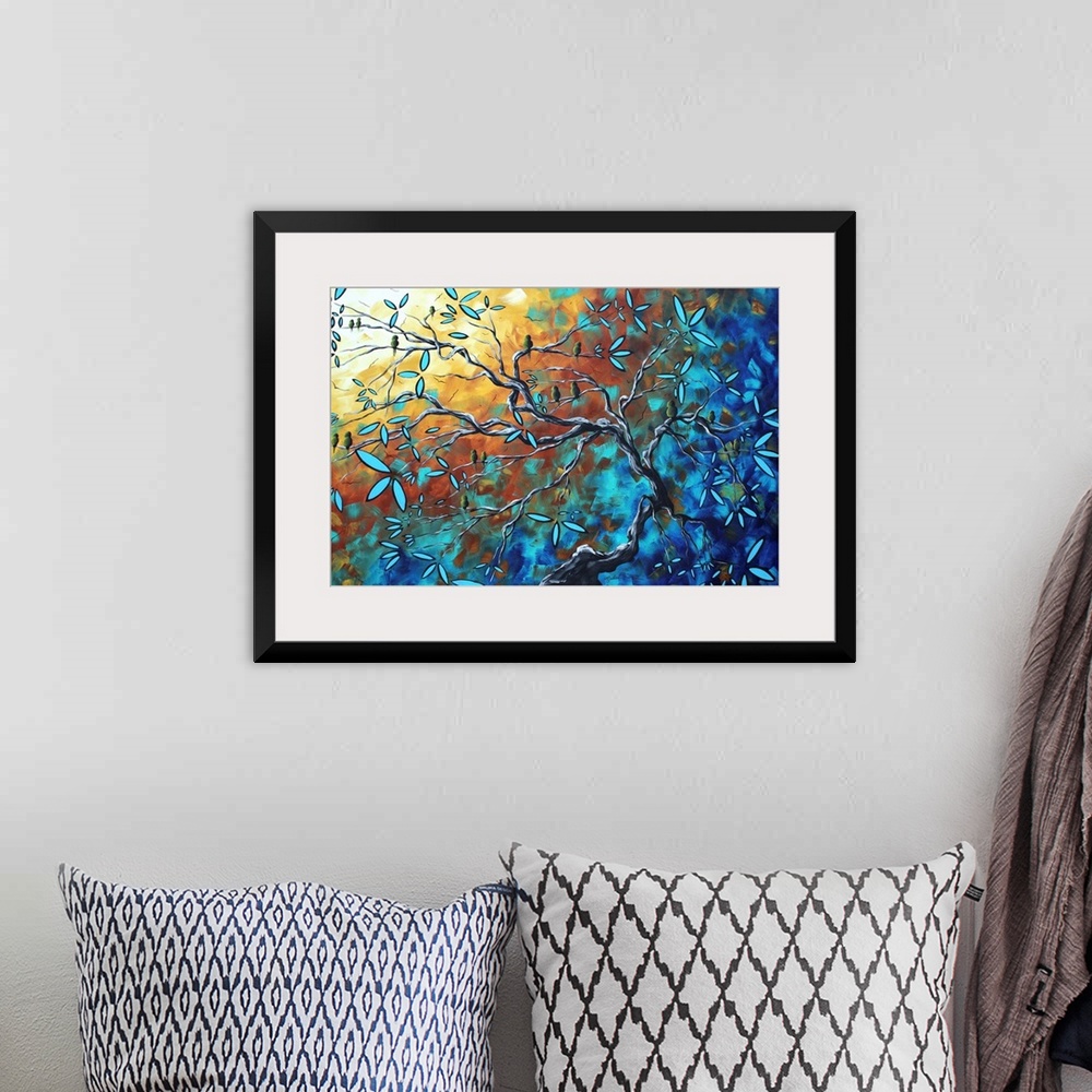 A bohemian room featuring Abstract painting of a tree with blooming flowers on it's branches against a background splashed ...