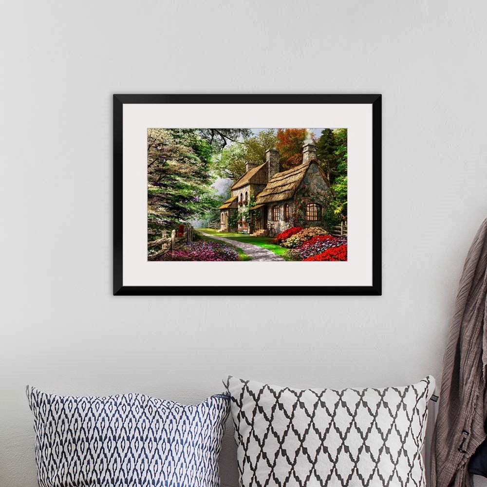 A bohemian room featuring Decorative art for the home or cabin this cozy painting of a thatched roof home in the forest sur...