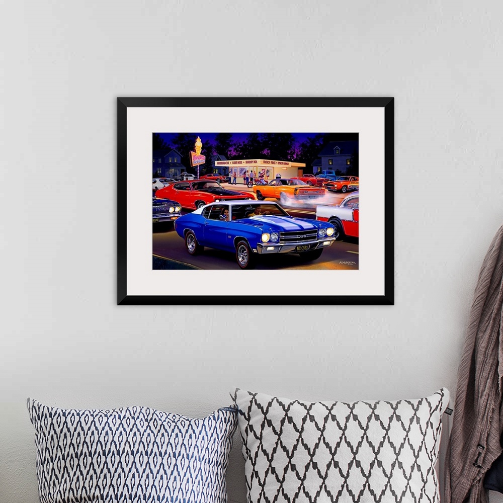 A bohemian room featuring Big automotive art portrays a group of people enjoying the treats from a local snack shack.  Fill...