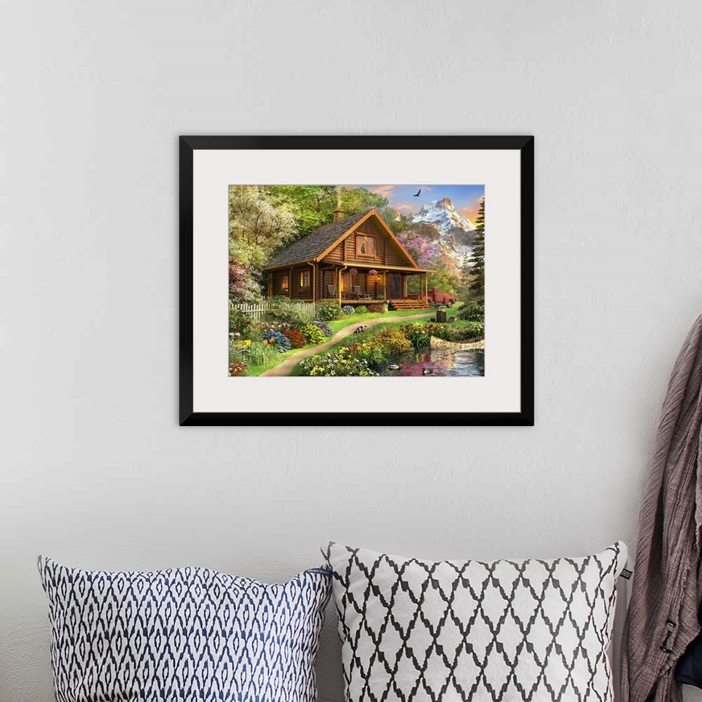 A bohemian room featuring Illustration of a log Cabin somewhere in North America.