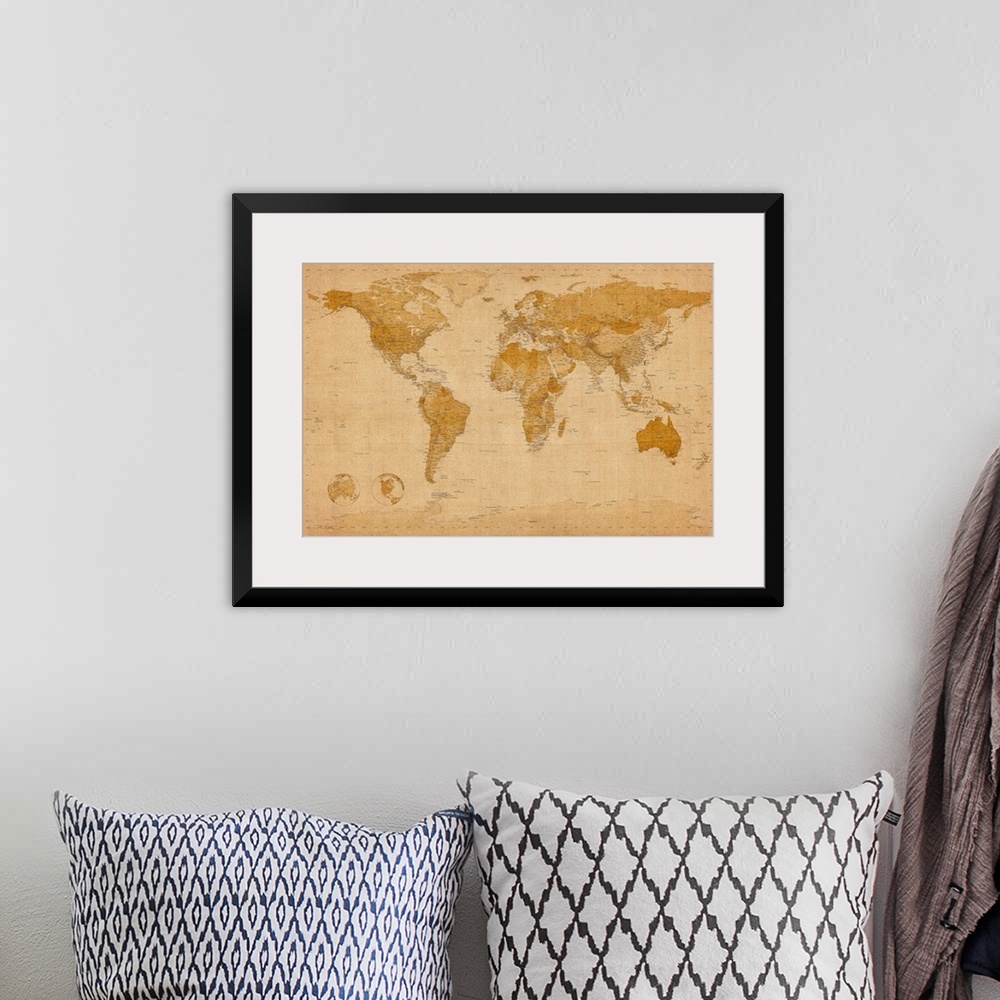 A bohemian room featuring Giant map of the world set in an antique style.  This piece includes a number of cities within ea...