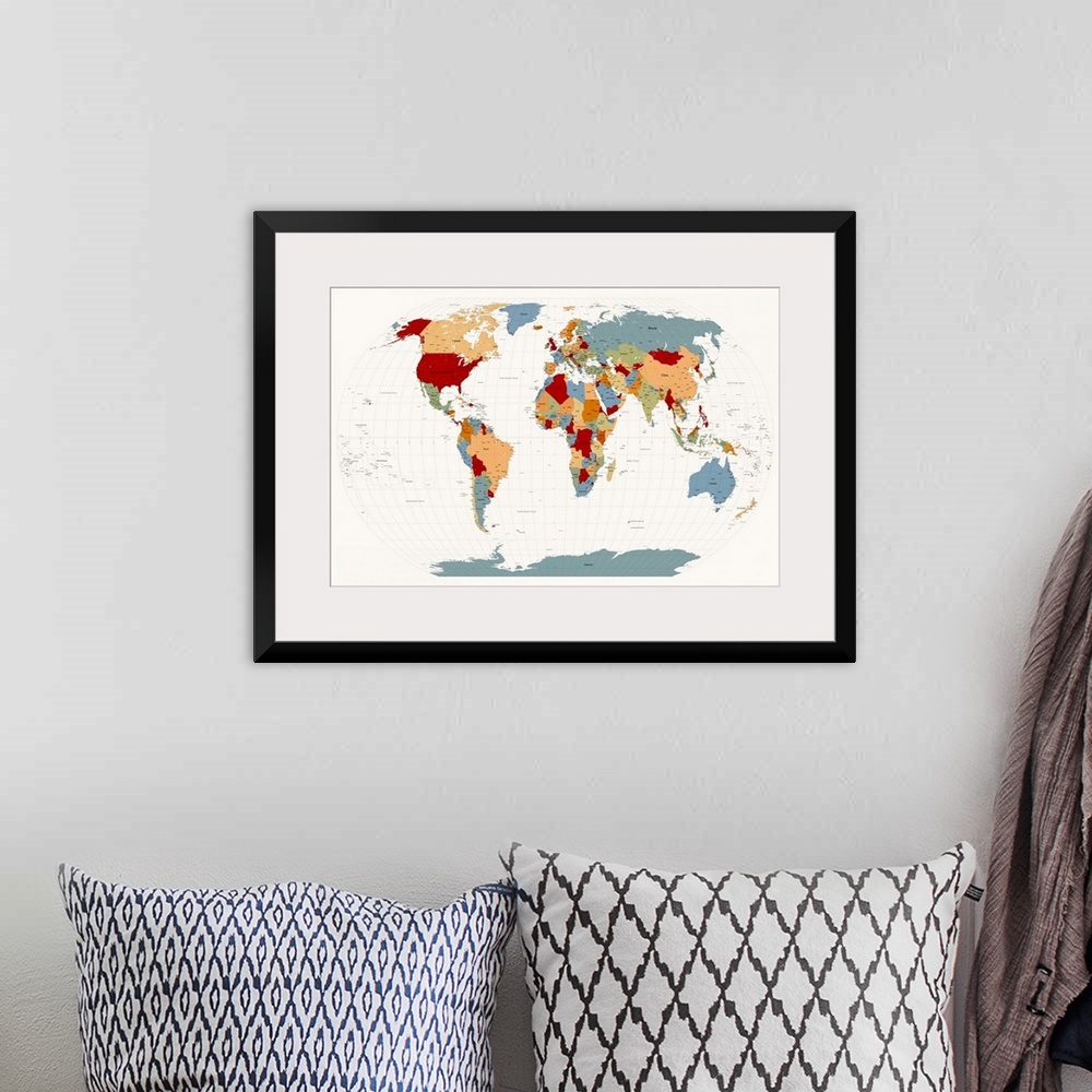 A bohemian room featuring Political map of the world showing country boundary lines.  The map also shows oceans and lines o...