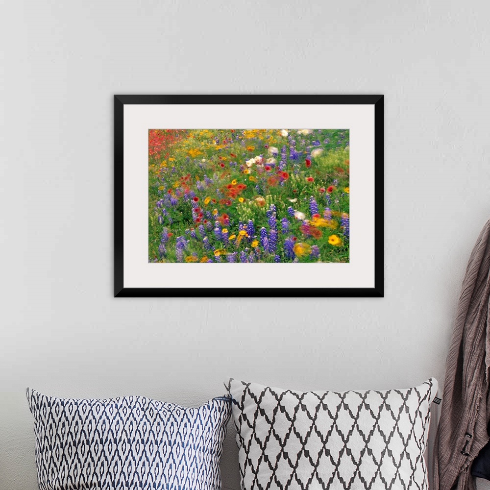 A bohemian room featuring Photograph of brightly colored flowers and tall grass swaying in the breeze with a blurred effect.