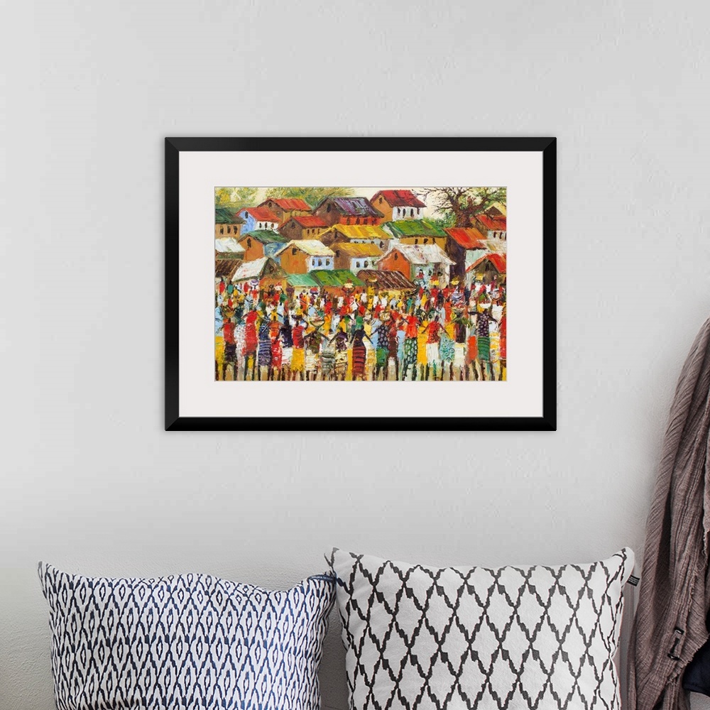 A bohemian room featuring Colorful chaos symbolizes the energy of a busy West African market. Shoppers and merchants throng...
