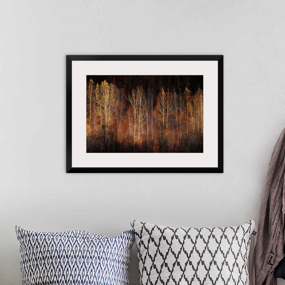 A bohemian room featuring Abstract interpretation of a group of trees in late Fall