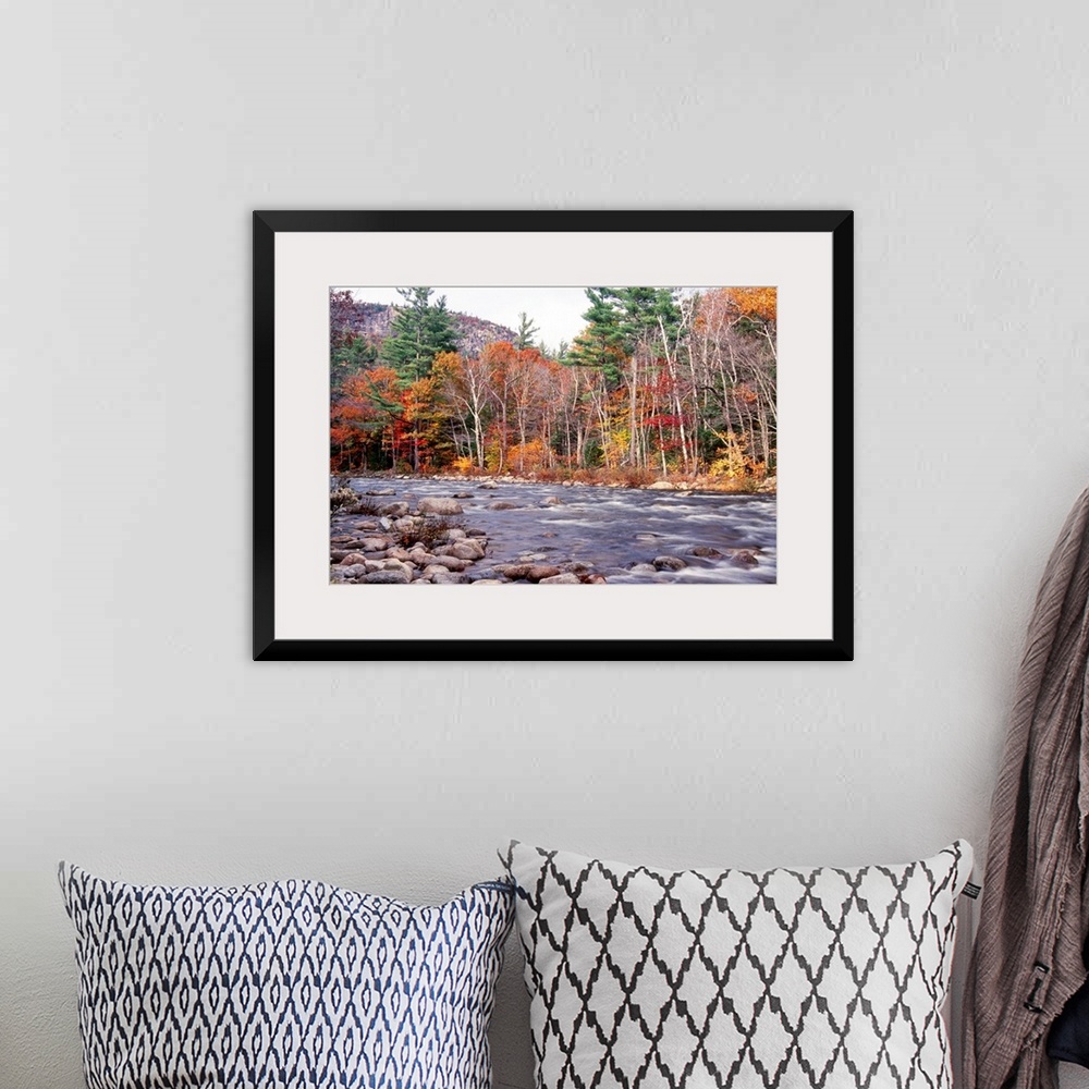 A bohemian room featuring This landscape photograph shows water running rapidly through a rock filled river bed lined with ...