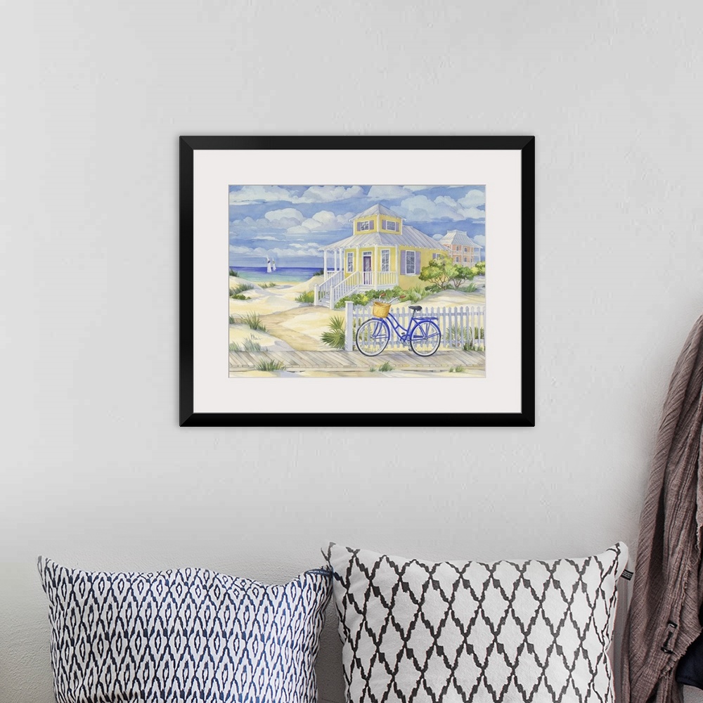 A bohemian room featuring Watercolor painting of a bicycle leaning against a fence near a beach house.