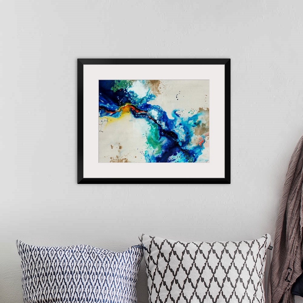 A bohemian room featuring Abstract painting of a fluid blue line over a neutral background adorned with multi-color paint s...