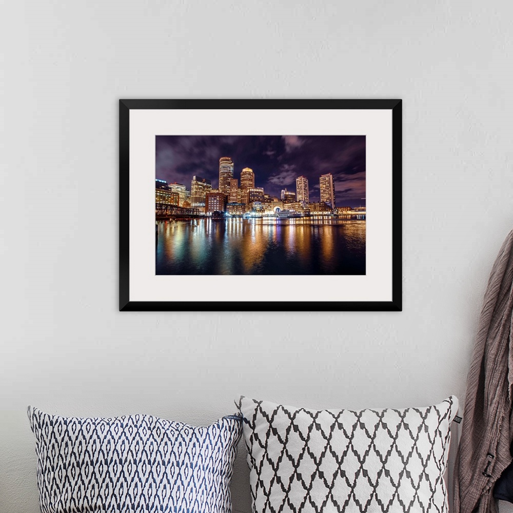 A bohemian room featuring Photo of Boston city skyline and waterfront from the view of the Harborwalk.