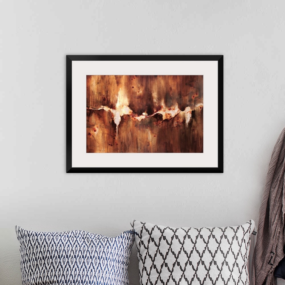 A bohemian room featuring Abstract artwork that is rust colored with a crack through the middle with an off white backgroun...