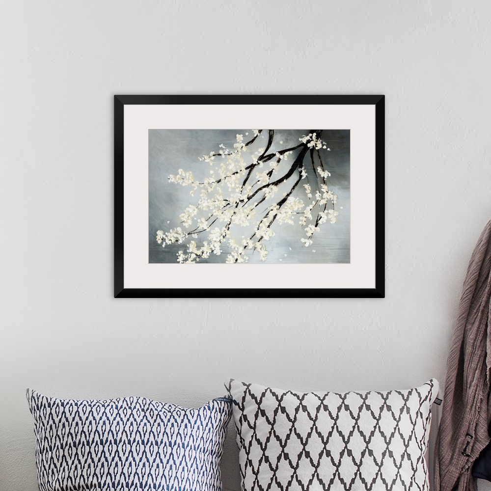 A bohemian room featuring Contemporary drawing of blooming white flowers on the dark branches of a cherry tree hanging down...