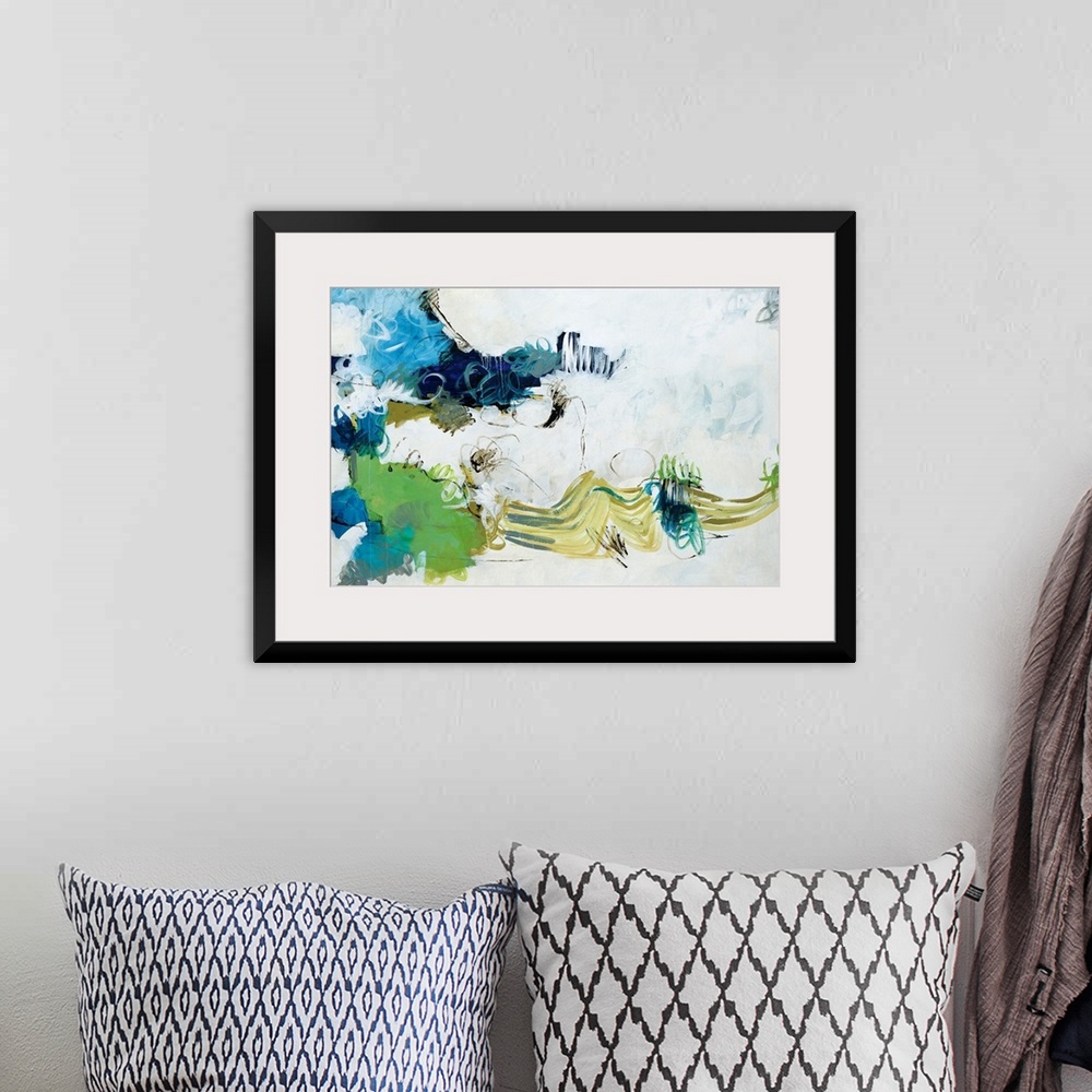 A bohemian room featuring This is a horizontal abstract painting using a squiggly brush strokes and cloud like shapes to fi...