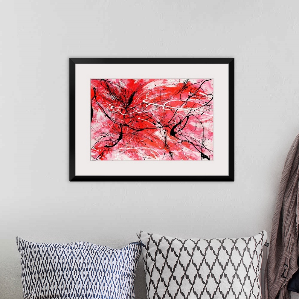 A bohemian room featuring Energetic contemporary painting of energetic red brushstrokes and sporadic black and white lines ...