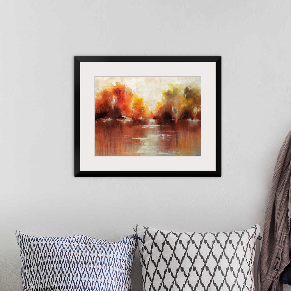 A bohemian room featuring Contemporary, decorative wall art of an abstract painting that is reminiscent of autumn shrubs re...