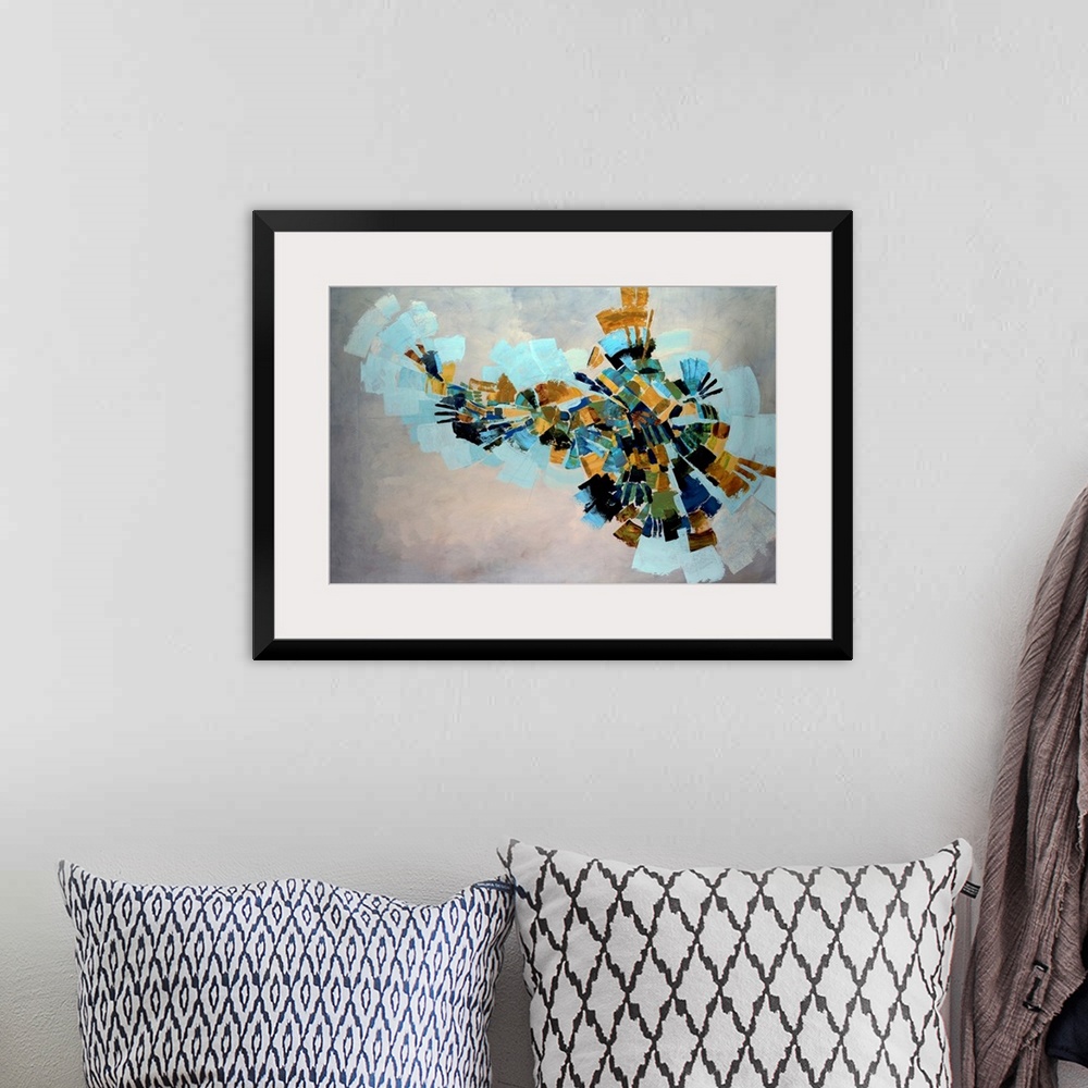 A bohemian room featuring Fan like shapes radiate outward in this abstract painting on a horizontal wall hanging for the of...