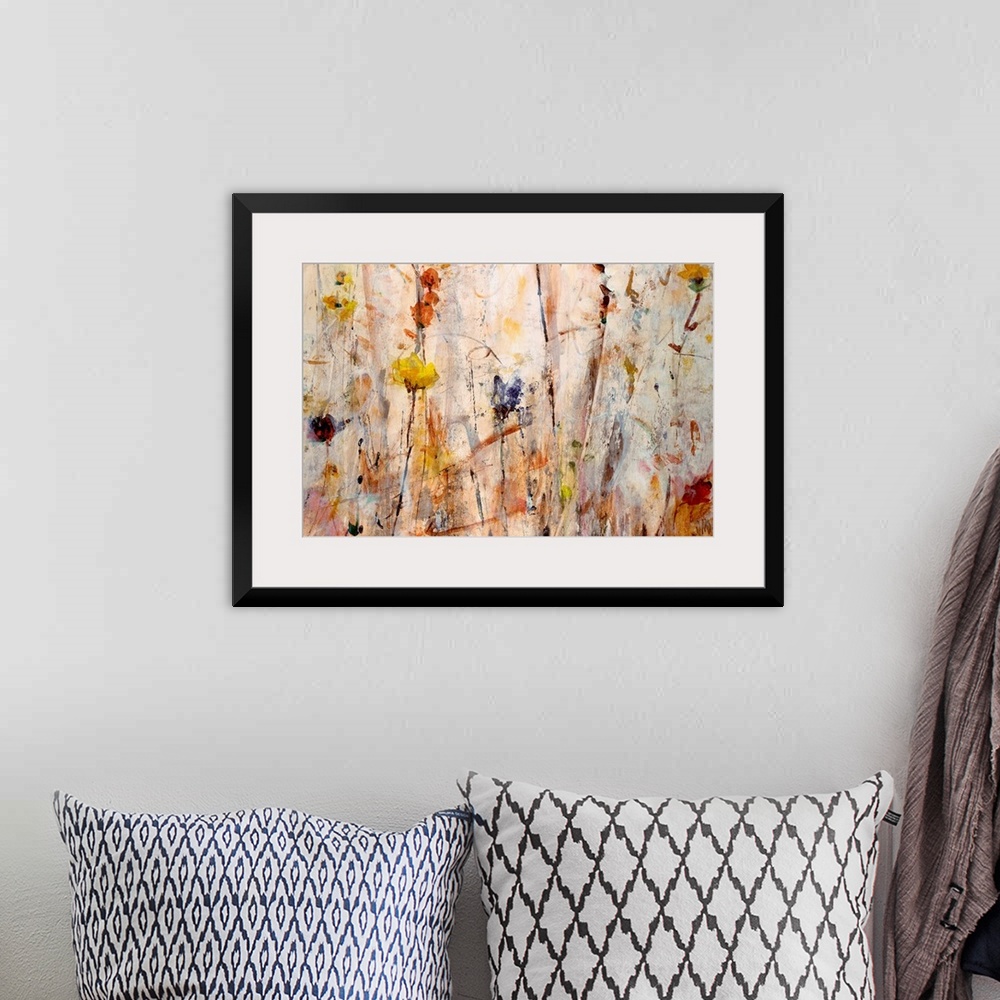 A bohemian room featuring Giant abstract painting of flowers that is composed of inviting tones and lots of vertical lines.