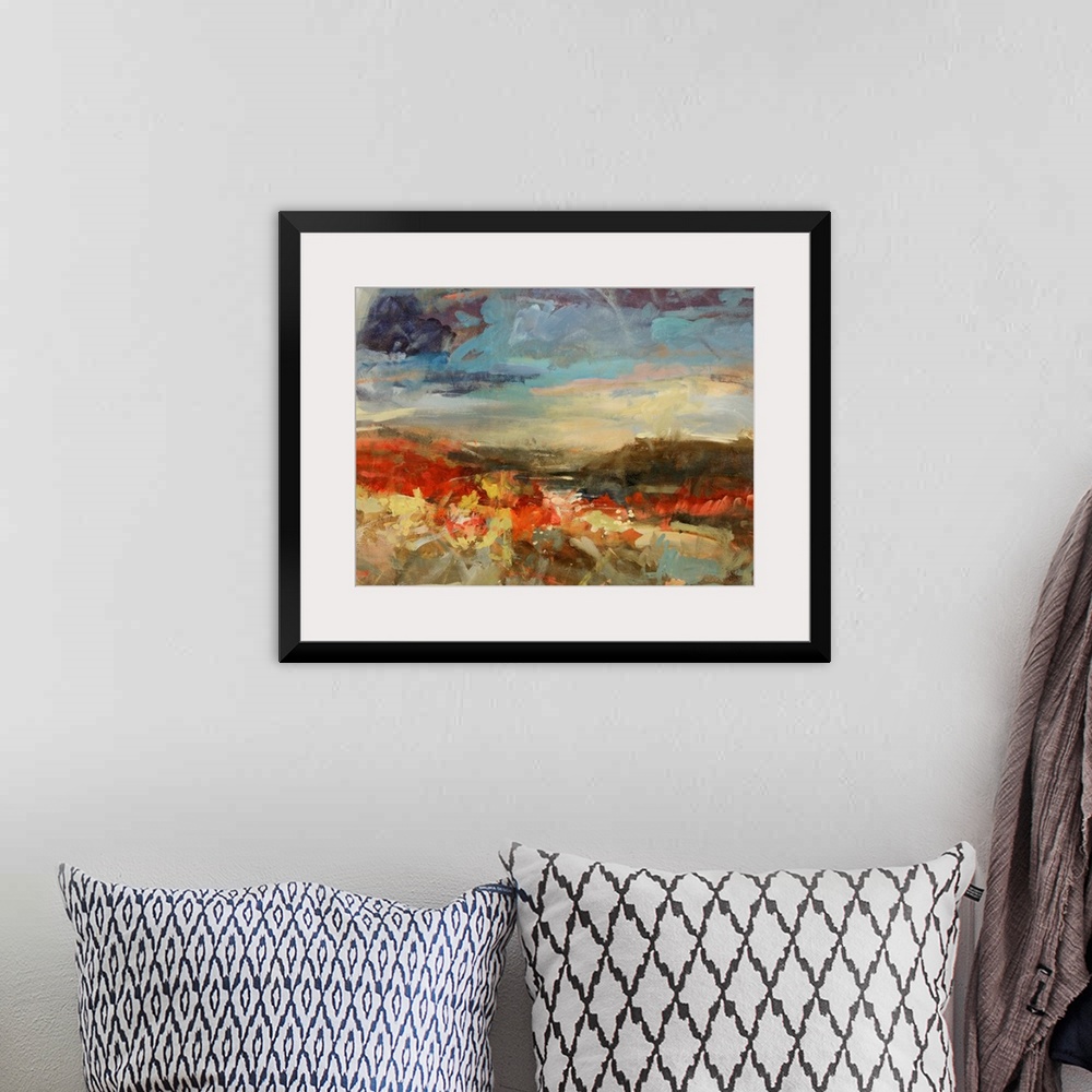 A bohemian room featuring A landscape painting of mountains a river with abstract styling.
