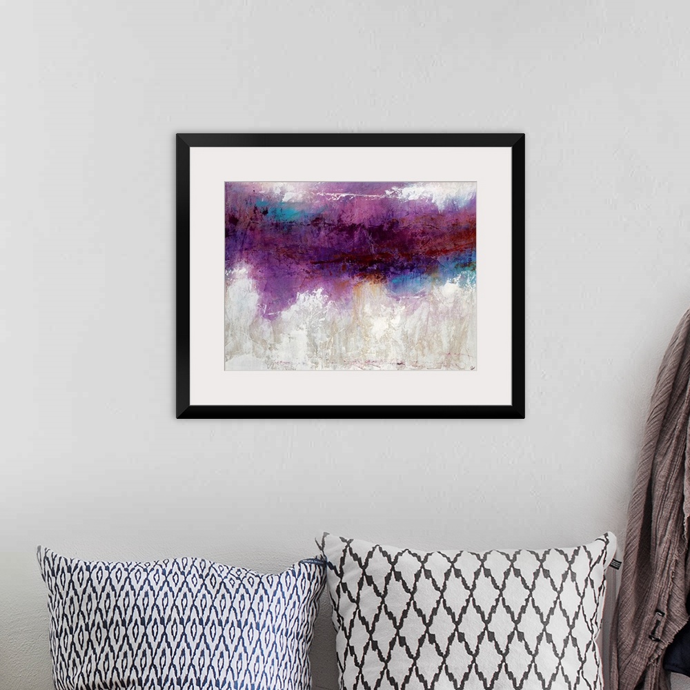 A bohemian room featuring Abstract artwork consisting of a bright purple mass over a cool, neutral background.
