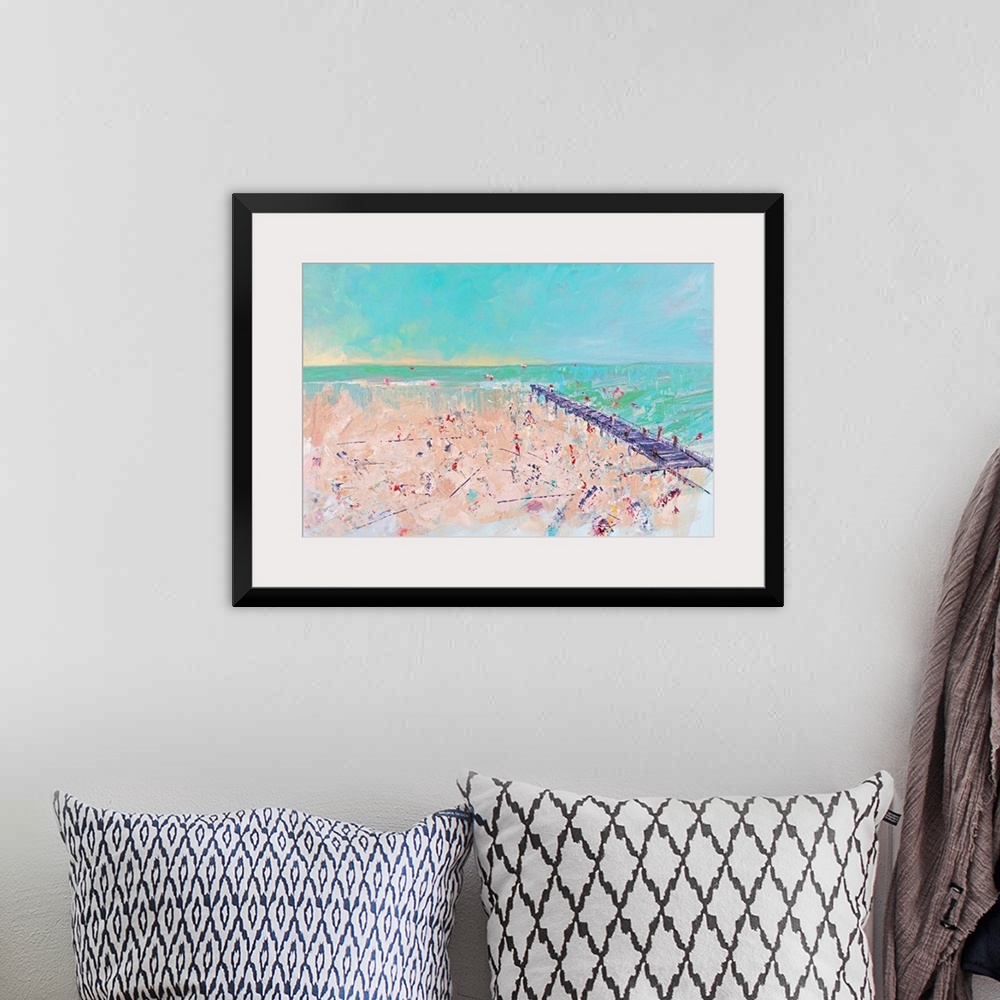 A bohemian room featuring Contemporary artwork of a beach scene with a pier stretching into the ocean.