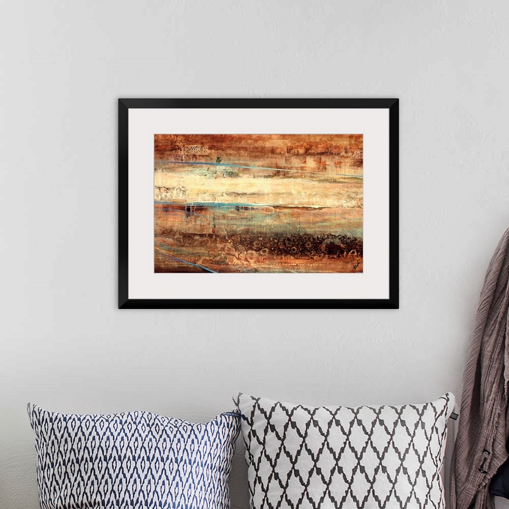 A bohemian room featuring Large, landscape, abstract painting of various horizontal streaks of texture and color in earth t...