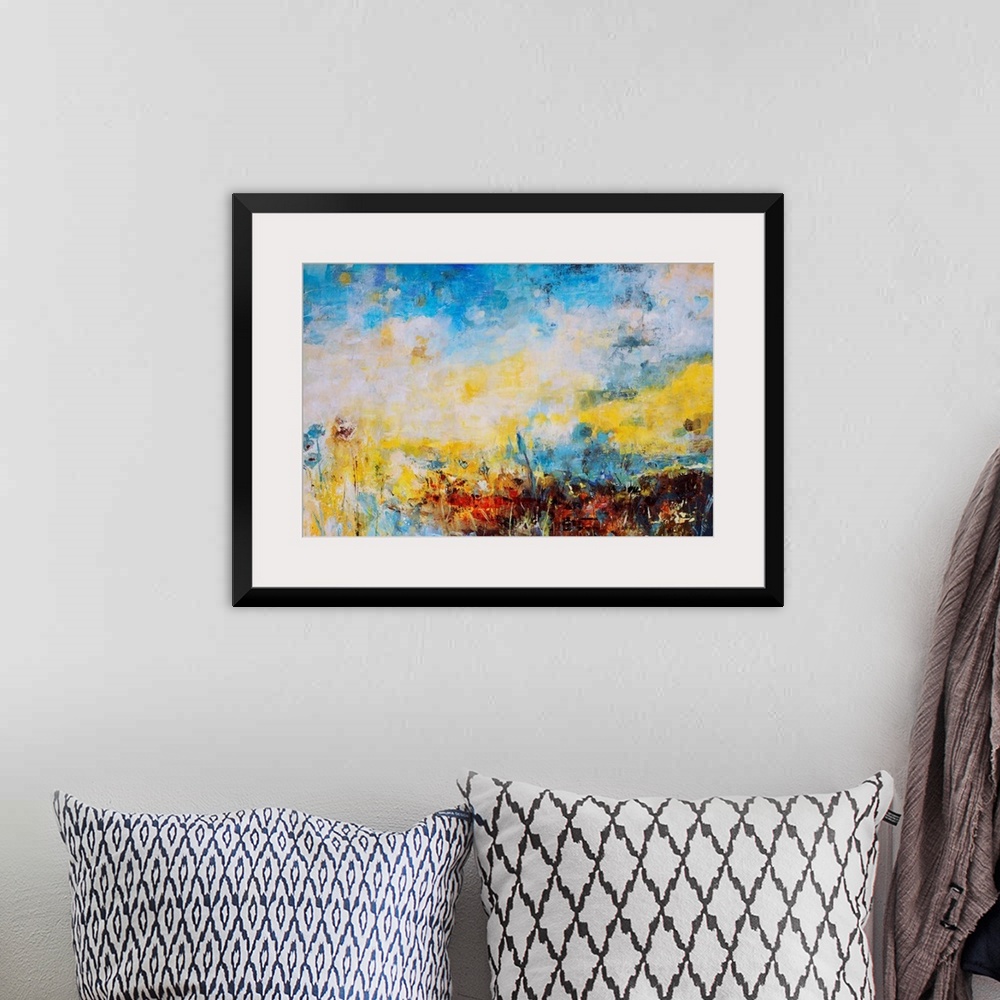A bohemian room featuring Abstract landscape painting in lemon yellow and bright blue.