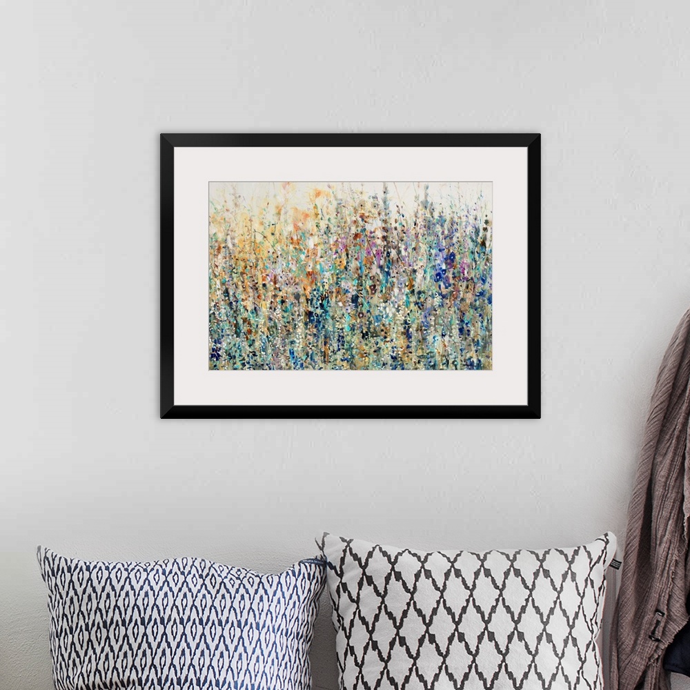 A bohemian room featuring A splashy, vibrant mass of wild flowers and grasses in an abstract, impressionist style.
