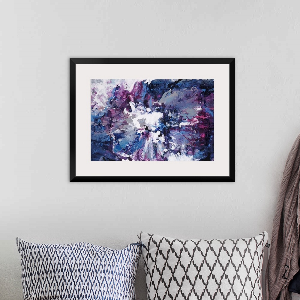 A bohemian room featuring Contemporary abstract painting of clouded forms in various shades of violet.