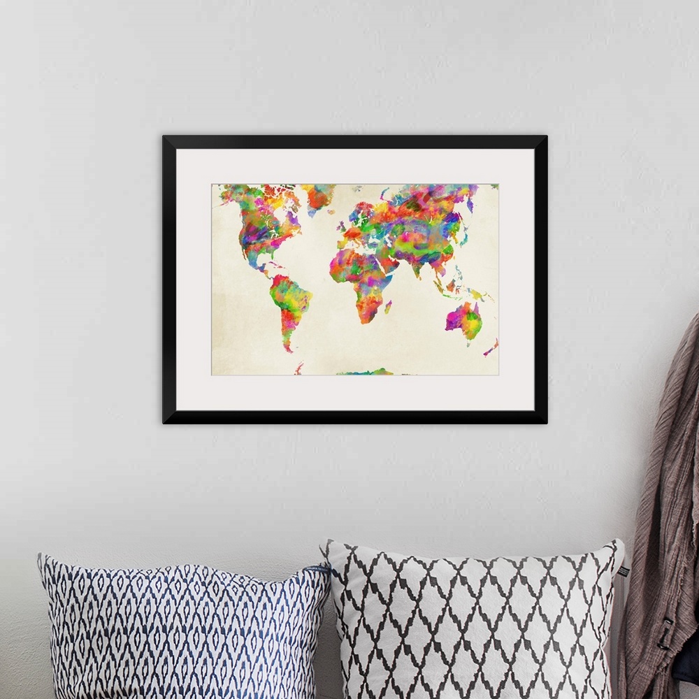 A bohemian room featuring Colorful watercolor map of the World on a neutral background.