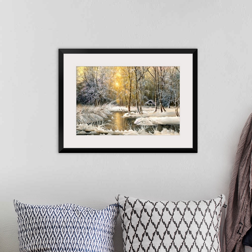 A bohemian room featuring Winter landscape with the wood river
