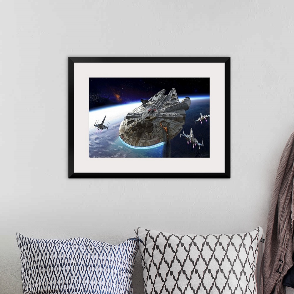 A bohemian room featuring The Millennium Falcon flying over a planet with three X-Wings.