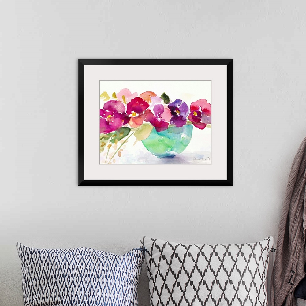A bohemian room featuring Watercolor painting of flowers in a blue bowl.