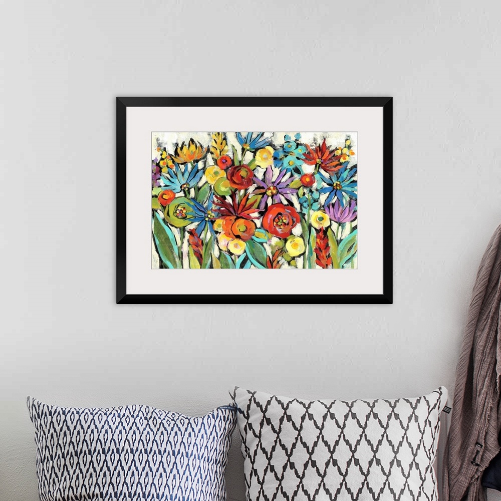 A bohemian room featuring Colorful abstract painting of a group of wildflowers on a neutral background.