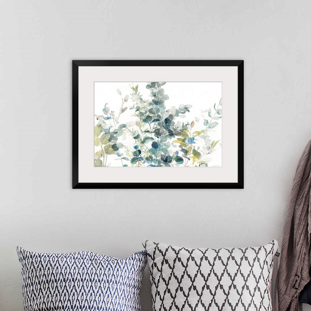 A bohemian room featuring Large watercolor painting of eucalyptus leaves in shades of blue, gray, and green on a white back...