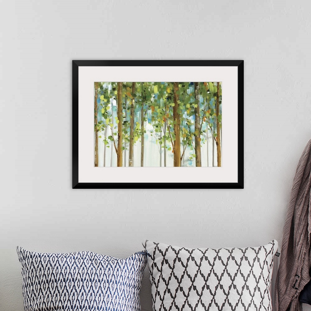 A bohemian room featuring An abstract landscape painting created with square brush strokes of tall, straight trees in a for...