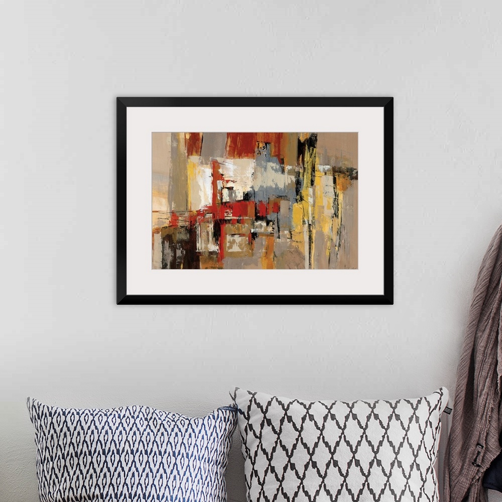 A bohemian room featuring This abstract wall art has an earth tone color palette and a vertical composition with diagonal m...