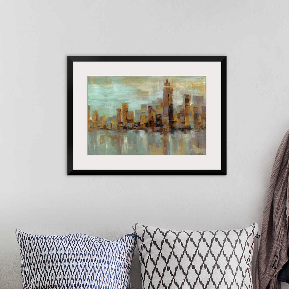 A bohemian room featuring Abstract painting of a misty cityscape with buildings made out of broad strokes.