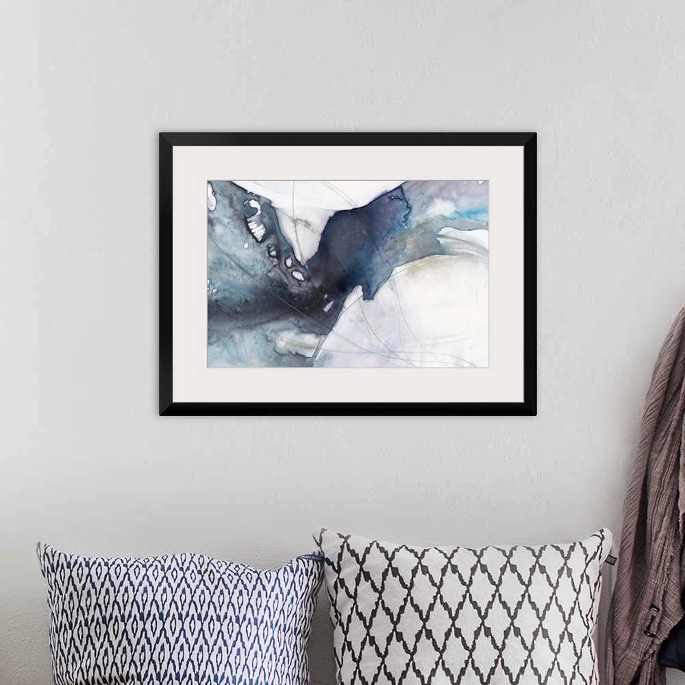 A bohemian room featuring Abstract painting featuring a diagonal wave-like shape in a variety of blue shades.