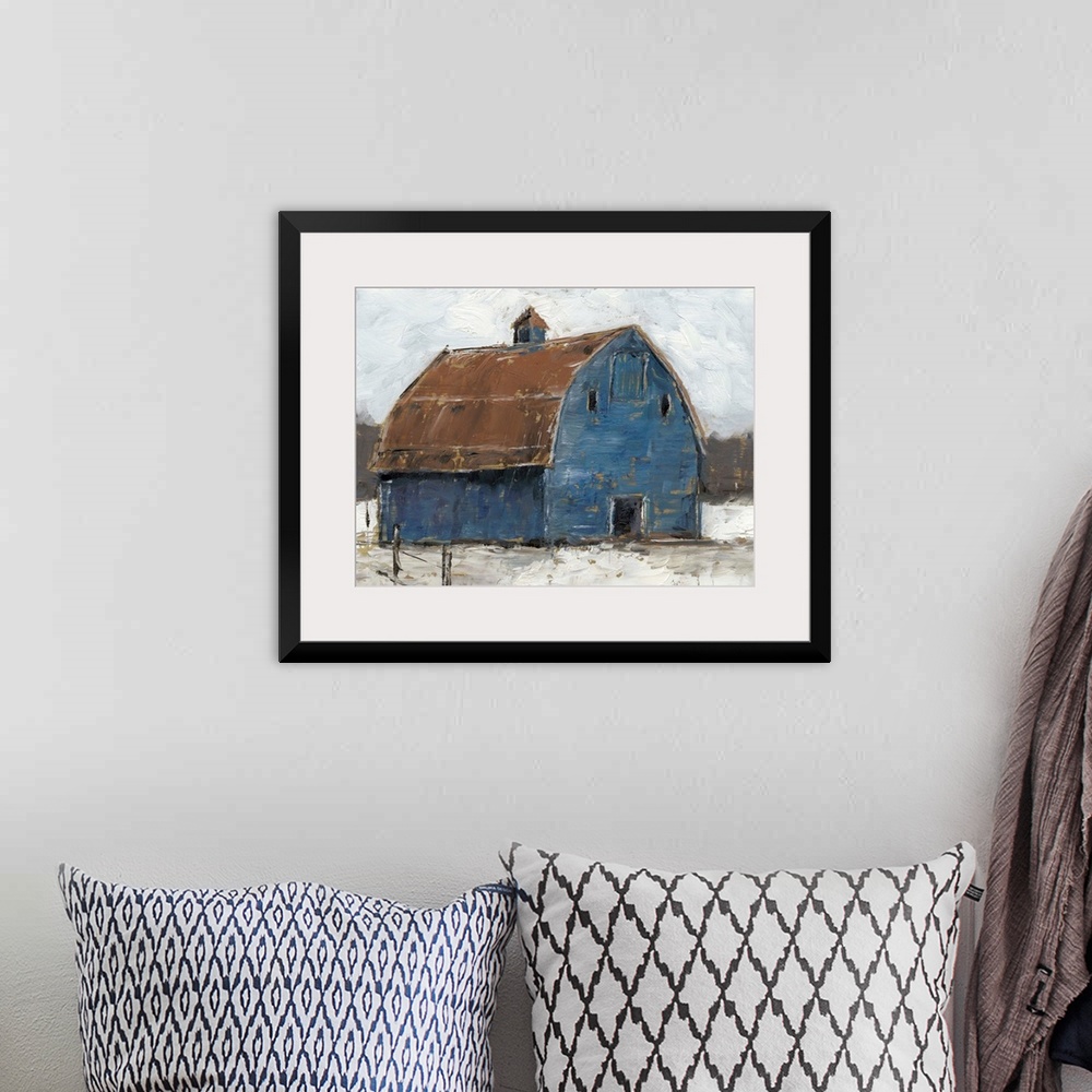 A bohemian room featuring A cool, wintery image of a large denim-blue barn with a rusty brown roof on snowy ground under a ...