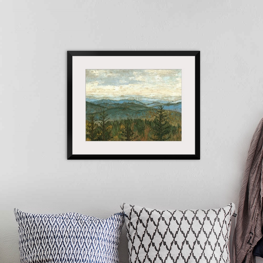 A bohemian room featuring Contemporary landscape painting of the Blue Ridge mountains.