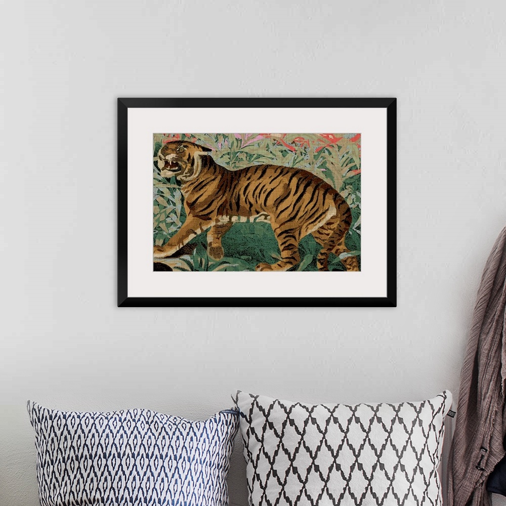 A bohemian room featuring Bohemian painting of a tiger in front of a floral background.