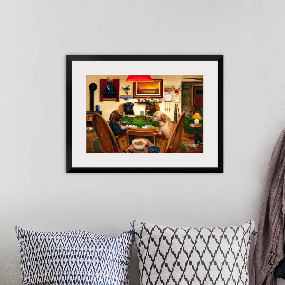 A bohemian room featuring Horizontal artwork on a big canvas of four dogs, two wearing human clothing, sitting around a tab...